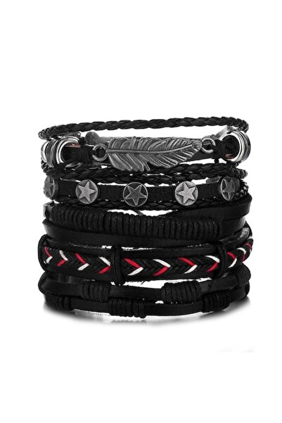 OEM Leather Bracelet Set with Feather Pendant (3), Adjustable, Unisex — Black