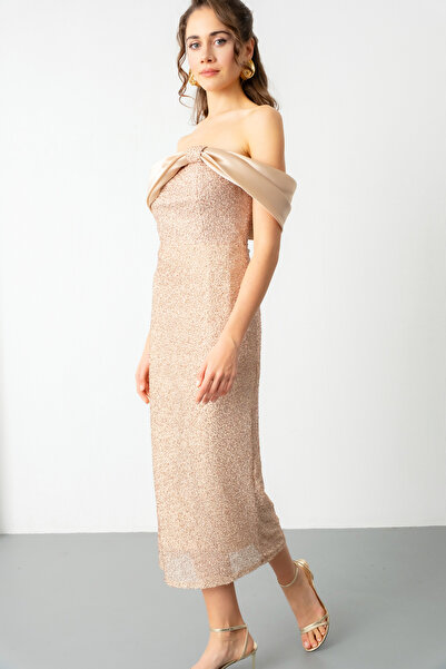 Lafaba Women's Beige Collar Detail Beaded Midi Promise Engagement Evening Dress