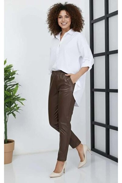 Hb Harma Time Butik Women's Brown Leather Trousers with Elastic Waist and Pockets
