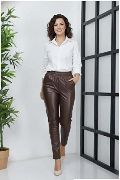 Hb Harma Time Butik Women's Brown Leather Trousers with Elastic Waist and Pockets