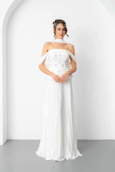 Lafaba Women's White Strapless Neckline Stone Embellished Long Promise Engagement Wedding Evening Dress