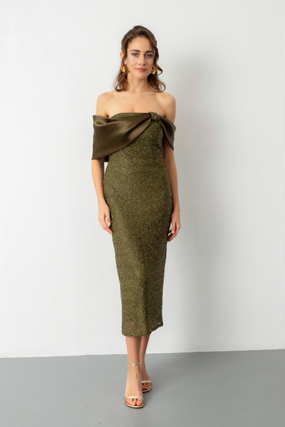 Lafaba Γυναικείο φόρεμα με λεπτομέρεια με χάκι γιακά με χάντρες Midi Promise για βραδινό φόρεμα αρραβώνων