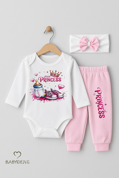 BABYDEN'S Little Princess 3-Piece Baby Girl Set Long Sleeve Cotton Bodysuit, Pink Pants and Bow Bandana Set