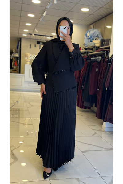 Vosse Moda İlgi Siyah Boncuk Detaylı Piliseli Elbise