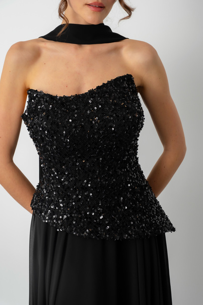 Lafaba Women's Black Strapless Sequin Pleated Long Evening Dress