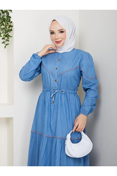 Hb Harma Time Butik Women's Lace Detailed Buttoned and Laced Open Denim Blue Dress