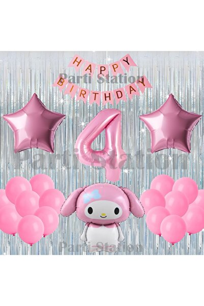 Parti Station Kuromi My Melody Concept 4Th Birthday Balloon Set with Pink Num...
