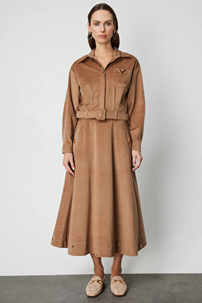 ON TRİKO Studded Corded Fabric Midi Skirt 66535-26K