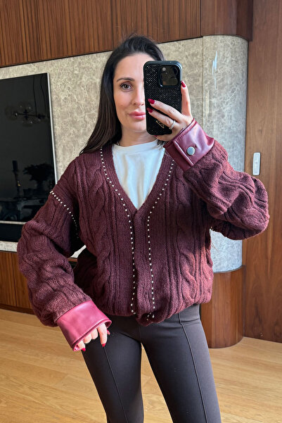 MAGARDE Leather and Metal Beaded Cardigan - Bordo