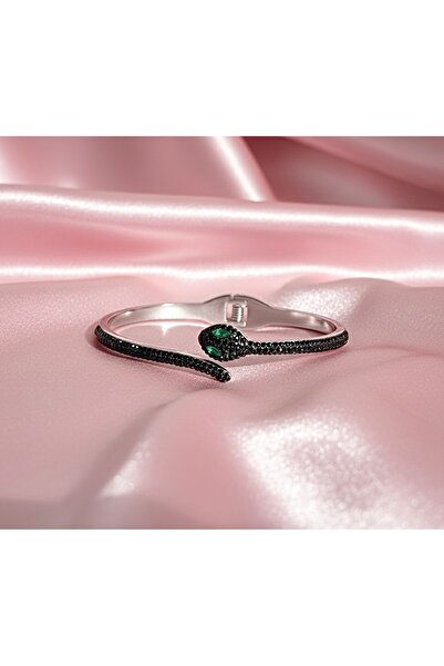 EFSU BİJUTERİ 316L Paslanmaz Çelik Siyah Taşlı Silver Yılan Kelepçe