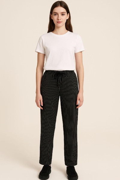 Netto İş Elbiseleri Women's Italian Black and White Striped Elastic Waist Chef Pants