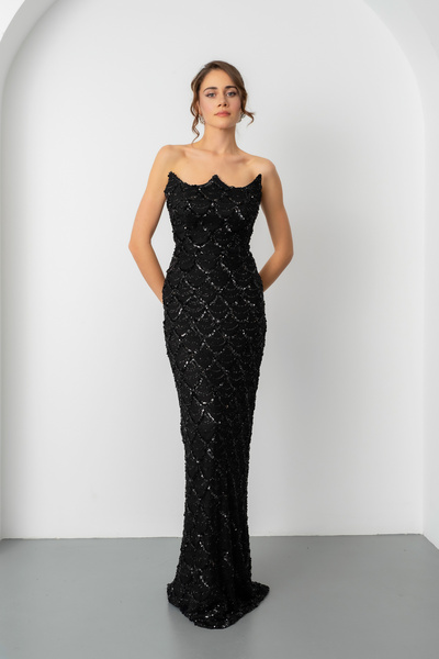 Lafaba Women's Black Strapless Beading Embroidered Long Evening Dress