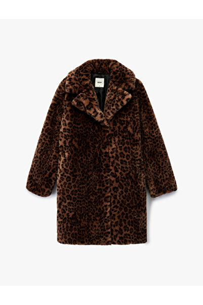 Koton Faux Fur Coat Leopard Print Long Sleeve with Pockets