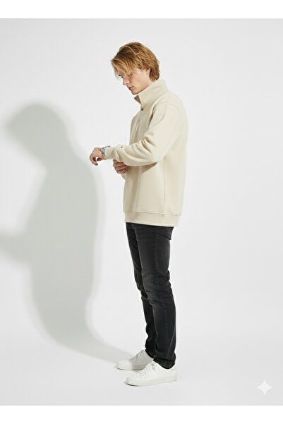 ribana Unisex Regular Double Yarn Soft Textured Buttoned Sweatshirt