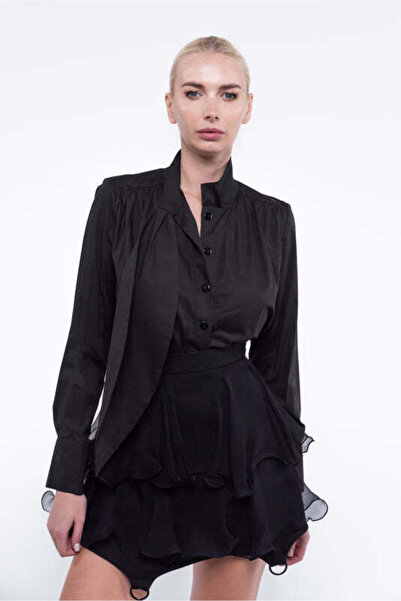 Monarh Design Cămașă cu eșarfă supradimensionat neagră