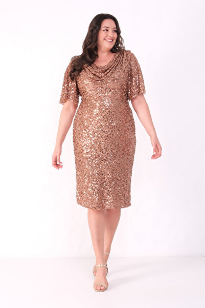 Lafaba Дамска кафява вечерна рокля с пайети и открити рамене, размер плюс