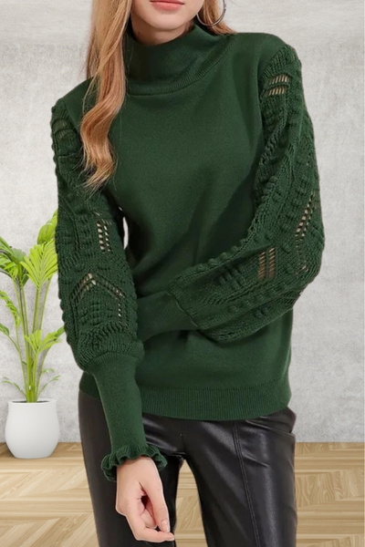 hanope Women's Green Half Turtle Sleeve Lace Detailed Sweater