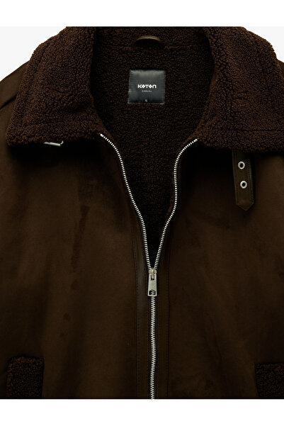 Koton Long Sleeve Pocket Zipper Plush Collar Faux Suede Jacket