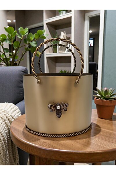 LeylArt Eskitme Çanta saksı- Altın Arı Figürlü Dekoratif Metal saksı