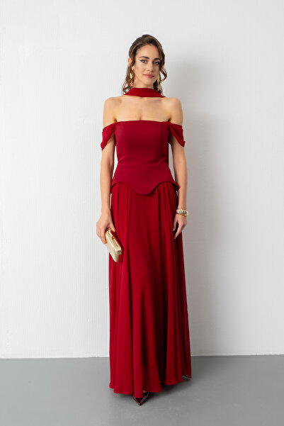 Lafaba Women's Burgundy Shawl Collar Strapless Promise Engagement Evening Dress