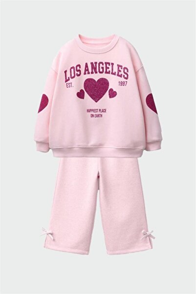 MİNİKO KİDS Girls' Heart-Patterned Wide-Leg Tracksuit Set