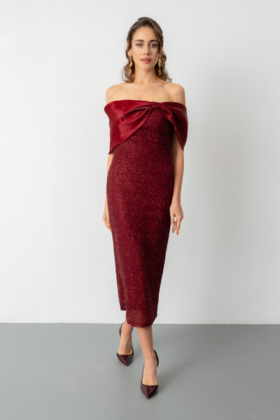 Lafaba Women's Burgundy Collar Detail Beaded Midi Promise Engagement Evening Dress