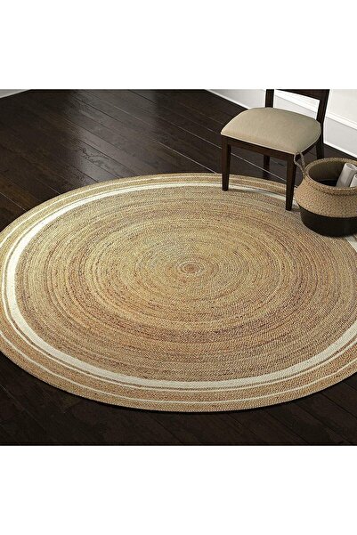 genric FFD Round Hand-Woven Reversible Jute Rug with White Line Design 200x200cm