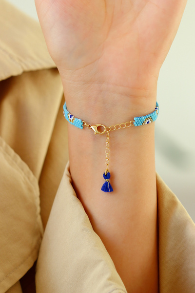 Kübüşün Atölyesi Ka-026 Miyuki Bracelet - Halved Evil Eye Series - Full Round - Chain Closure - Blue