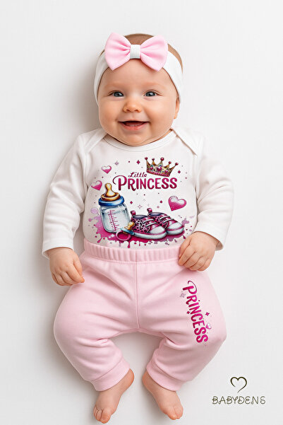 BABYDEN'S Little Princess 3-Piece Baby Girl Set Long Sleeve Cotton Bodysuit, Pink Pants and Bow Bandana Set