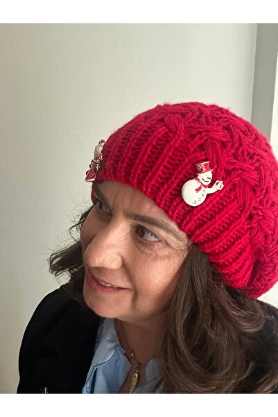 ALS Tasarım Dünyası Red Color Knitted Model Beanie and Snowman Brooch New Year Themed
