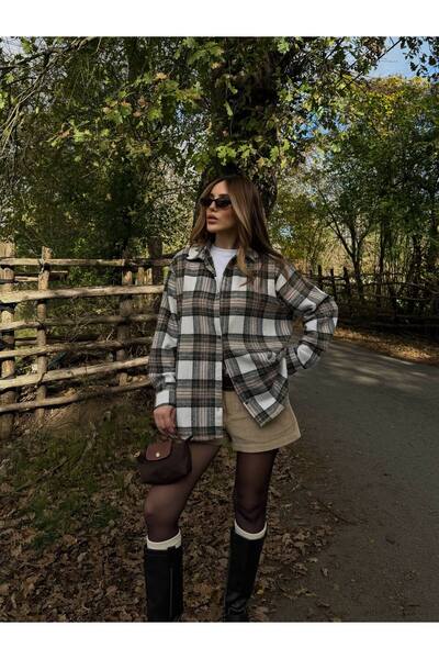 Laluvia Beige - Black Plaid Shirt - 251065