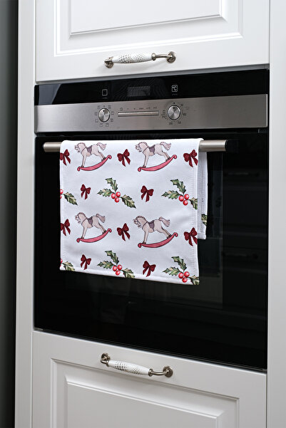 ASDİVA منشفة تجفيف فرن المطبخ بتصميم حصان الكراتين لعيد الميلاد مع تفاصيل فيونكة زخرفية باللون الأحمر الداكن - 35×55 سم