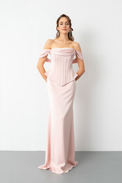 Lafaba Women's Powder Boat Neck Underwire Peplum Cut Satin Evening Dress