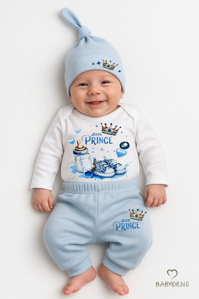 BABYDEN'S Little Prince 3-Piece Baby Boy Set – Long Sleeve 100% Cotton Bodysuit, Pants and Hat Set Blue