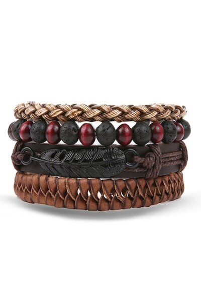 OEM Set de brățări din piele cu pandantiv din pene, reglabile, unisex, maro