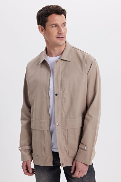 Tudors Men's Relax Fit Comfortable Cut 100% Cotton Double Pocket Zippered Beige Coat Shirt