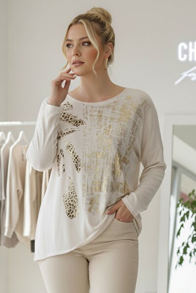 Chiccy Ιταλική μπλούζα μεγάλου μεγέθους μπεζ με λαιμόκοψη μακρυμάνικη Varak B με τύπωμα Casual Knitwear Blouse 70 68