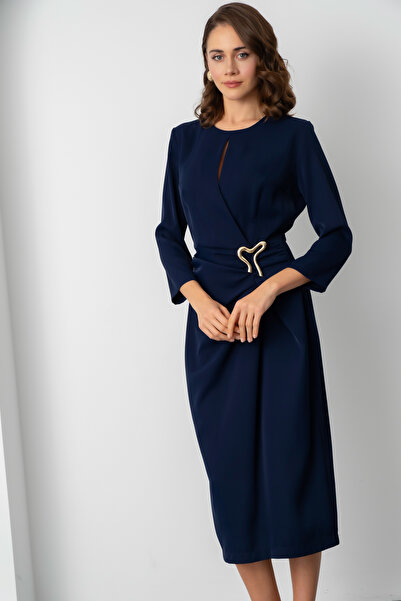 Lafaba Γυναικείο Μίντι Φόρεμα με λεπτομέρεια μπλε ναυτικό