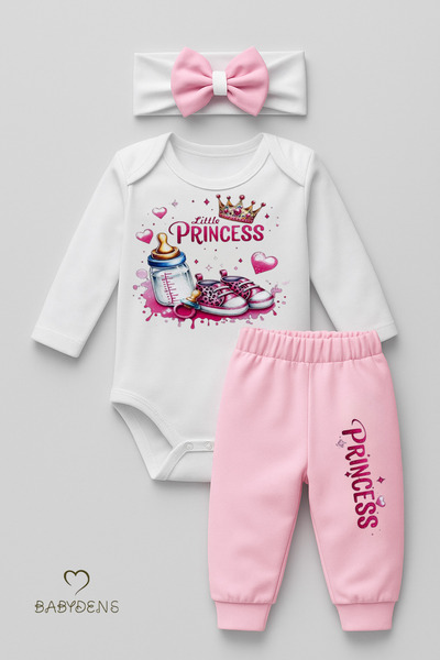 BABYDEN'S Little Princess 3-Piece Baby Girl Set Long Sleeve Cotton Bodysuit, Pink Pants and Bow Bandana Set