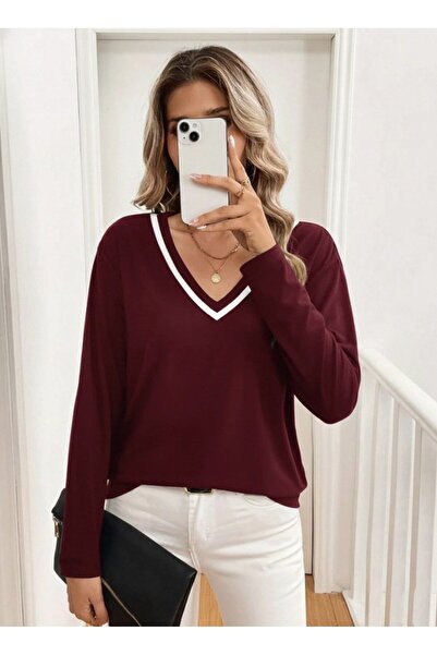 Zerenyus بلوزة نسائية بأكمام طويلة وياقة على شكل حرف V من الفيسكوز بخيطين بال...