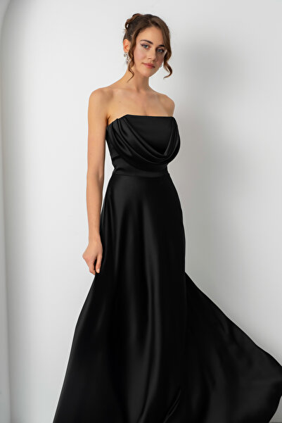 Lafaba Γυναικείο μαύρο βραδινό φόρεμα με γιακά μακρύ στράπλες