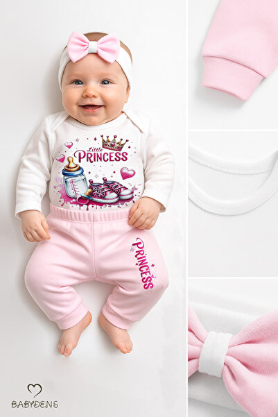 BABYDEN'S Little Princess 3-Piece Baby Girl Set Long Sleeve Cotton Bodysuit, Pink Pants and Bow Bandana Set