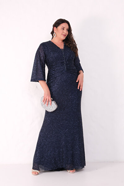 Lafaba Women's Navy Blue V-Neck Beaded Plus Size Evening Dress