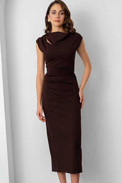 Lafaba Дамска кафява рокля с детайли на яката, подходяща за парти