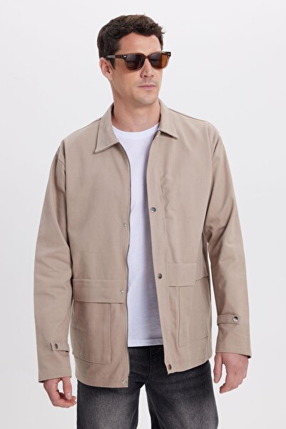 Tudors Men's Relax Fit Comfortable Cut 100% Cotton Double Pocket Zippered Beige Coat Shirt