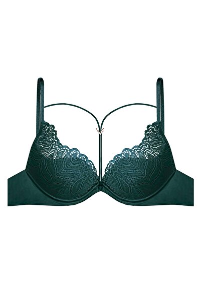 ESOTIQ Sutien push-up cu bretele frontale, întărit, decorațiuni aurii, dantelă florală elegantă și sexy | Korin