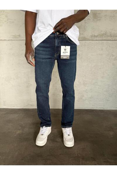 KağanKY Blugi cu croiala normala material elastic cu finisaj albastru bleumarin