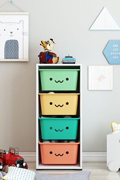 DEKOZUM KİDS 4 Large Güleryüz Sepetli Oyuncak Dolabı Oyuncak Kutusu Box