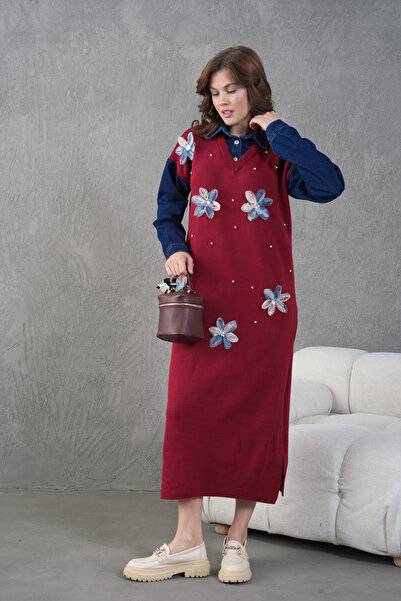 Miss Allos Women's Wide Fit Long Knitwear Dress with Jeans Detail and Tulle Flowers and Stone Embroidery on the Front