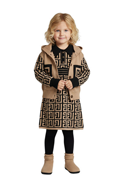 Nehad Bebe Girl's Geometric Patterned Knitwear Dress & Vest Set